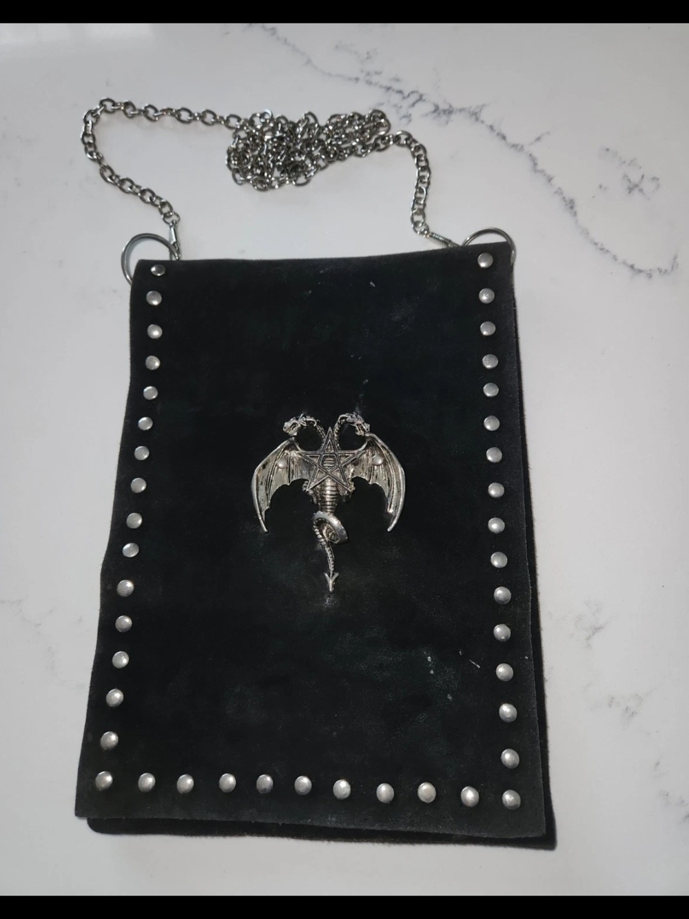 Black Gothic Chain Purse Satchel Studded Suede Pentagram Design